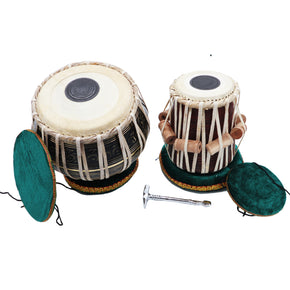 Zaza Percussion - Indian Tabla Drum Set - Black Brass Bayan Tabla Drum Set, Finest 5.5 Wood Dayan with Book, Hammer, Tabla Cushions and Cover - Indian Musical Instrument