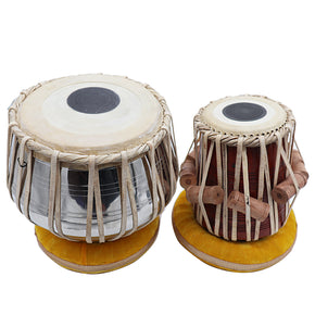 Zaza Percussion - Indian Tabla Drum Set -Chrome Brass Bayan Tabla Drum Set, Finest 5.5 Wood Dayan with Book, Hammer, Tabla Cushions and Cover - Indian Musical Instrument