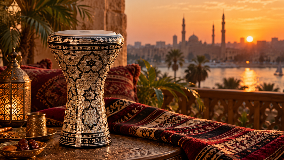 AI-generated editorial illustration of an ornate darbuka on a warm sunset terrace.
