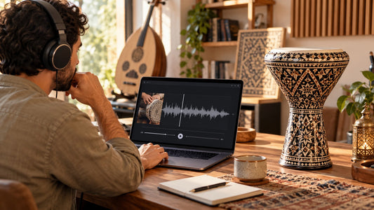 AI-generated editorial illustration of a listener wearing headphones beside a darbuka and a laptop displaying an audio waveform.