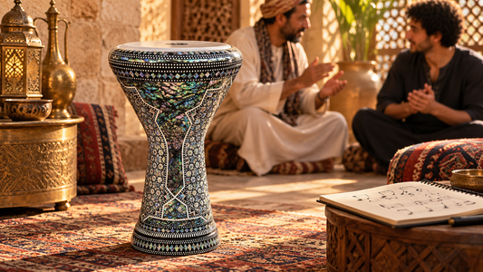AI-generated illustration of an ornate Egyptian-style darbuka in the foreground, with two musicians practicing rhythm in a warm traditional courtyard.