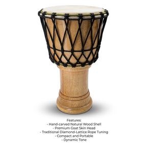Zaza Percussion Beginner Rope-Tuned Djembe Drum – Natural Wood Finish, 3 Size Options